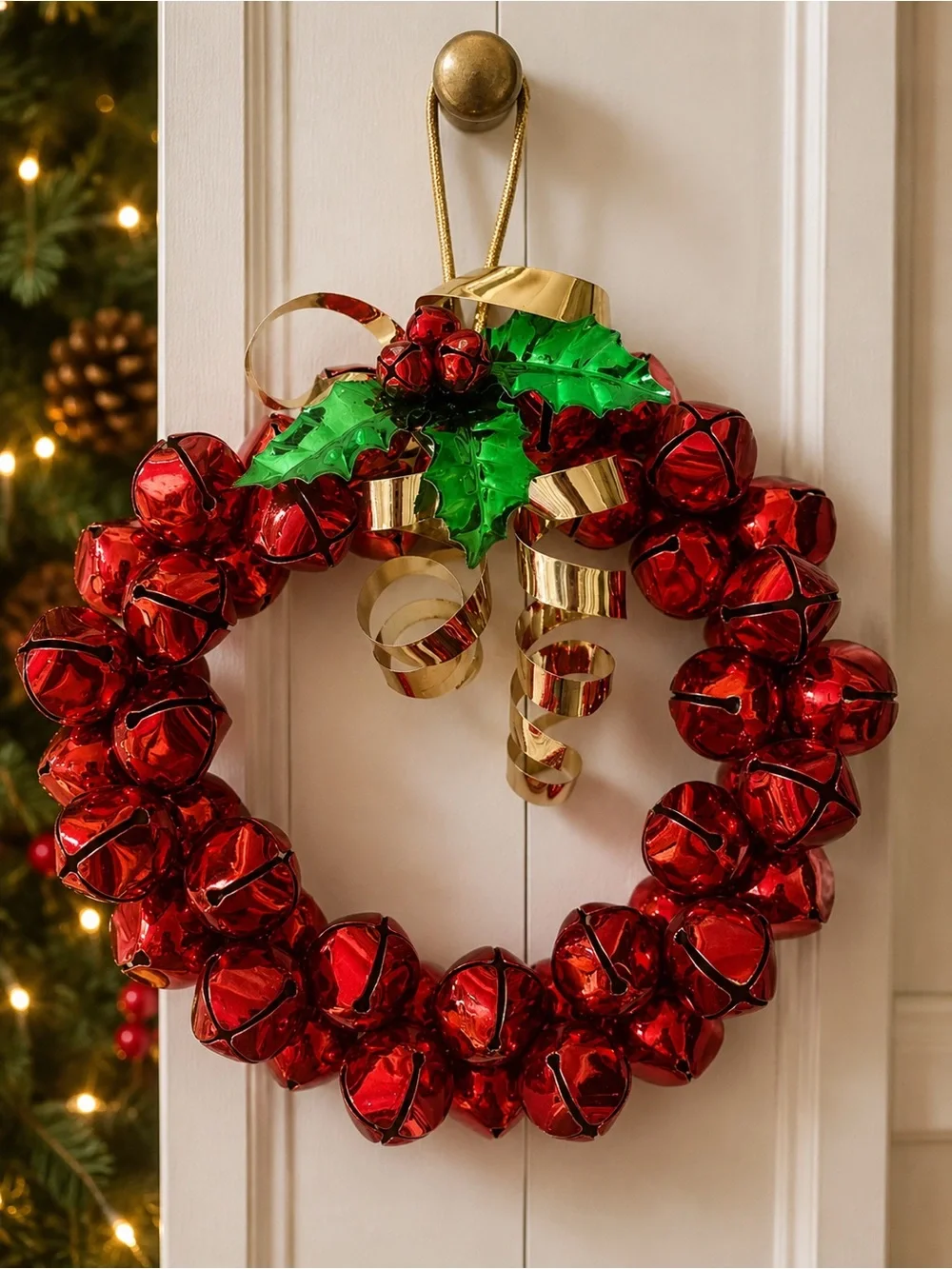 Vintage Red Jingle Bell Wreath Holiday Door Hanger Christmas Decor Holly Bells